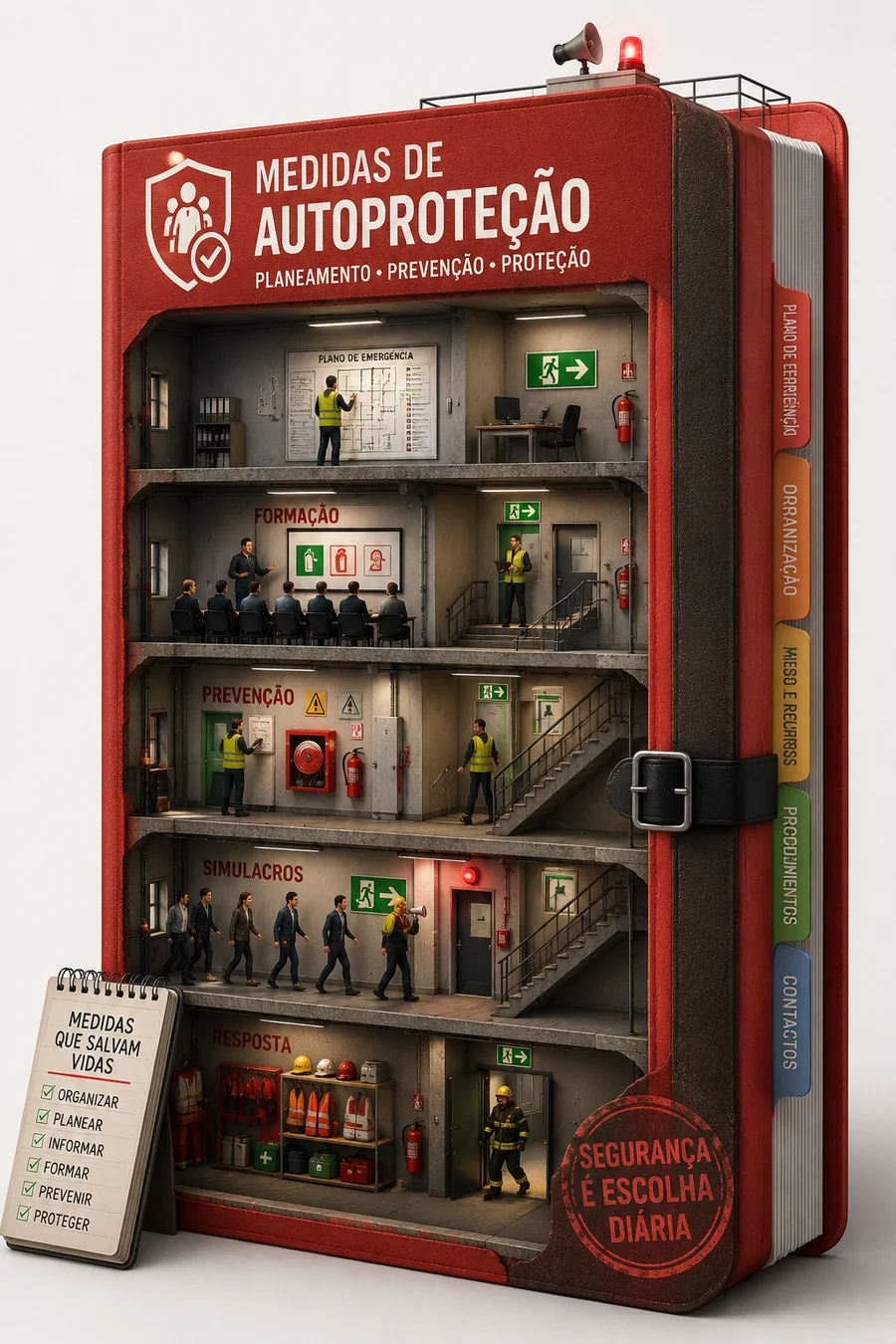 Ilustração artística de um livro em corte, com a capa 'Medidas de Autoproteção' e miniaturas a representar formação, prevenção, simulacros e resposta a emergência
