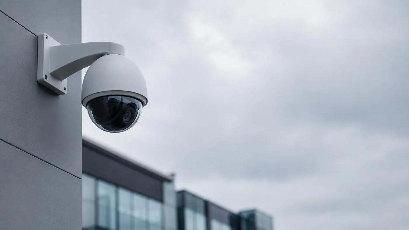 Câmara de videovigilância tipo dome montada na fachada de um edifício